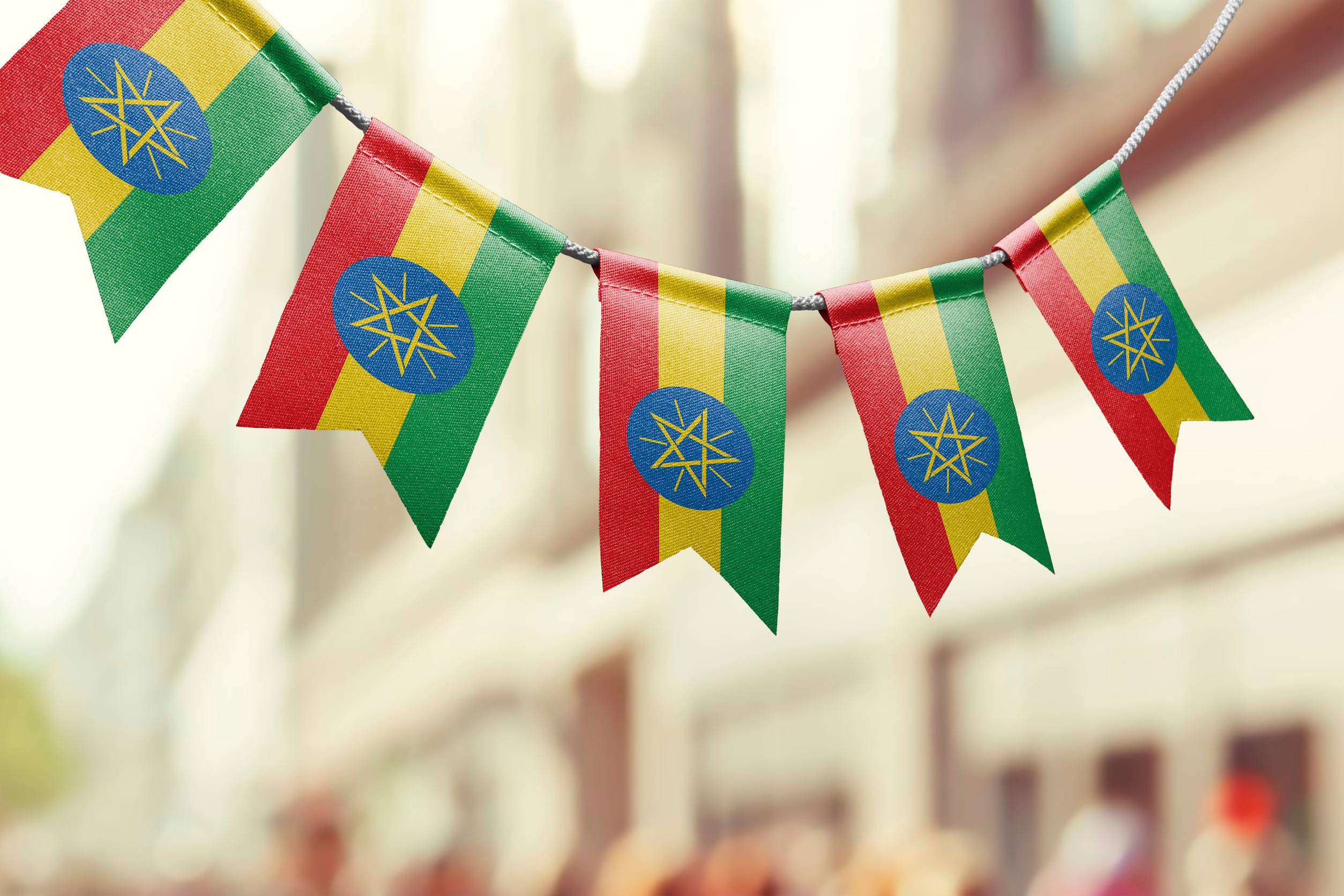 A garland of Ethiopian national flags