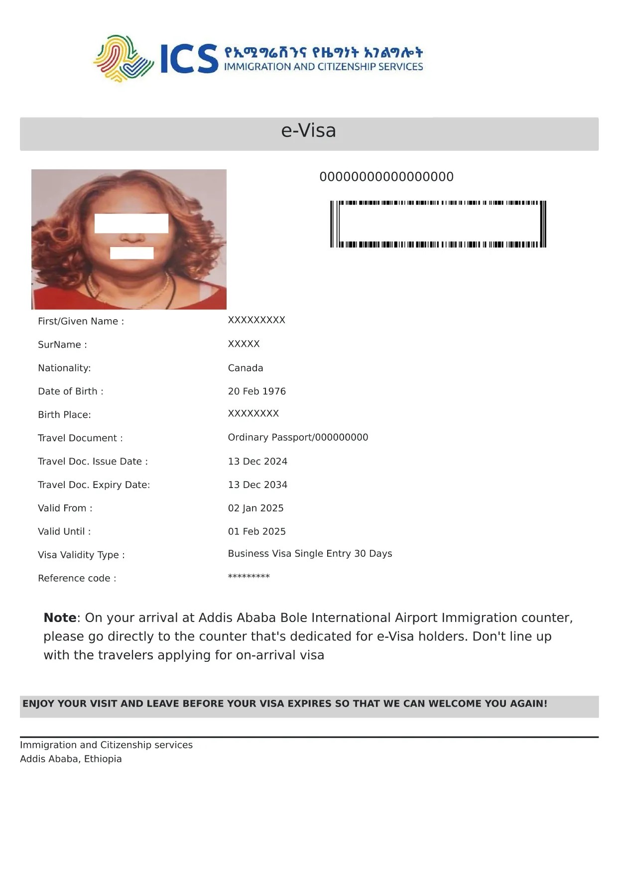 Ethiopia eVisa Sample