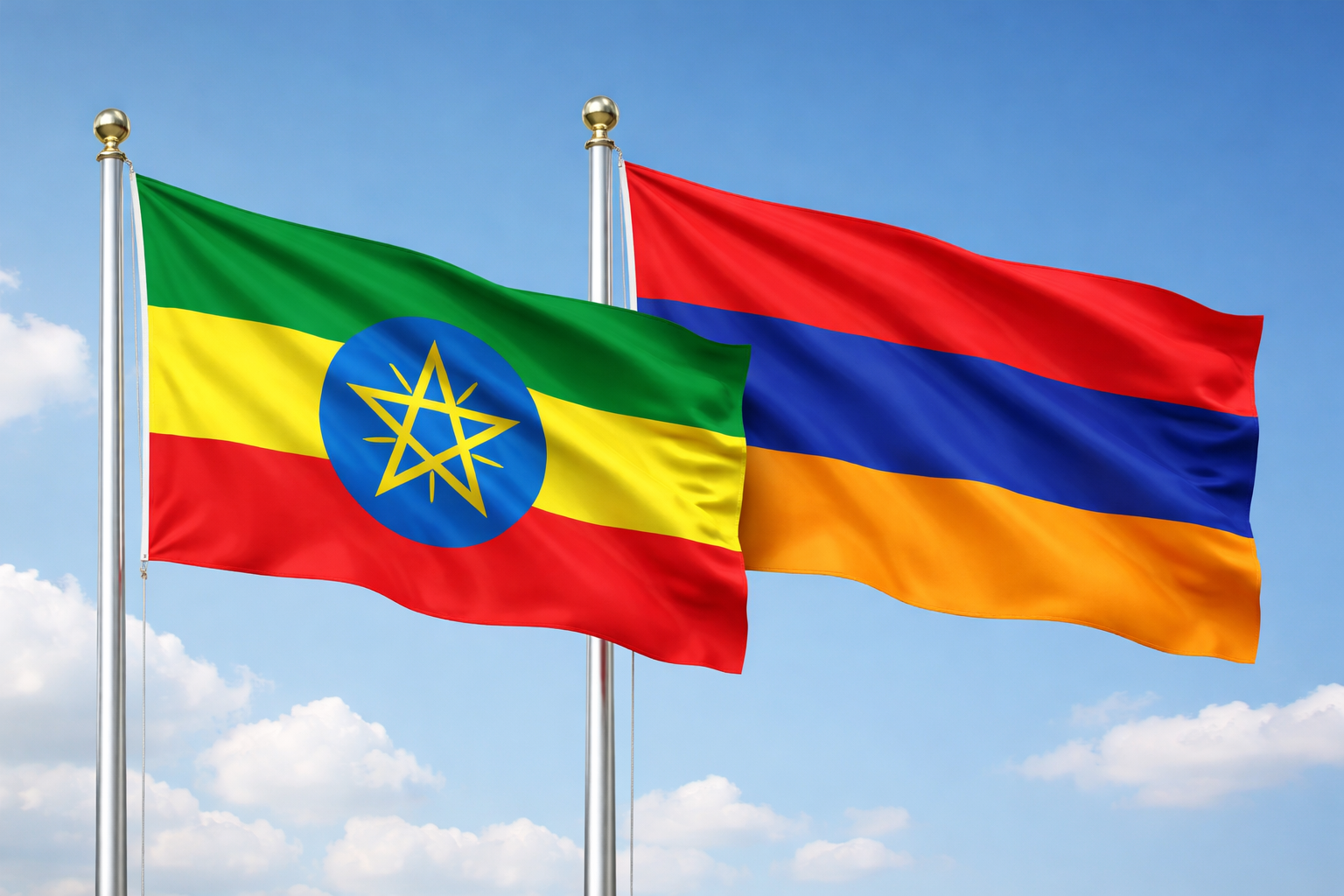Flags Of Ethiopia And Armenia Waving Together