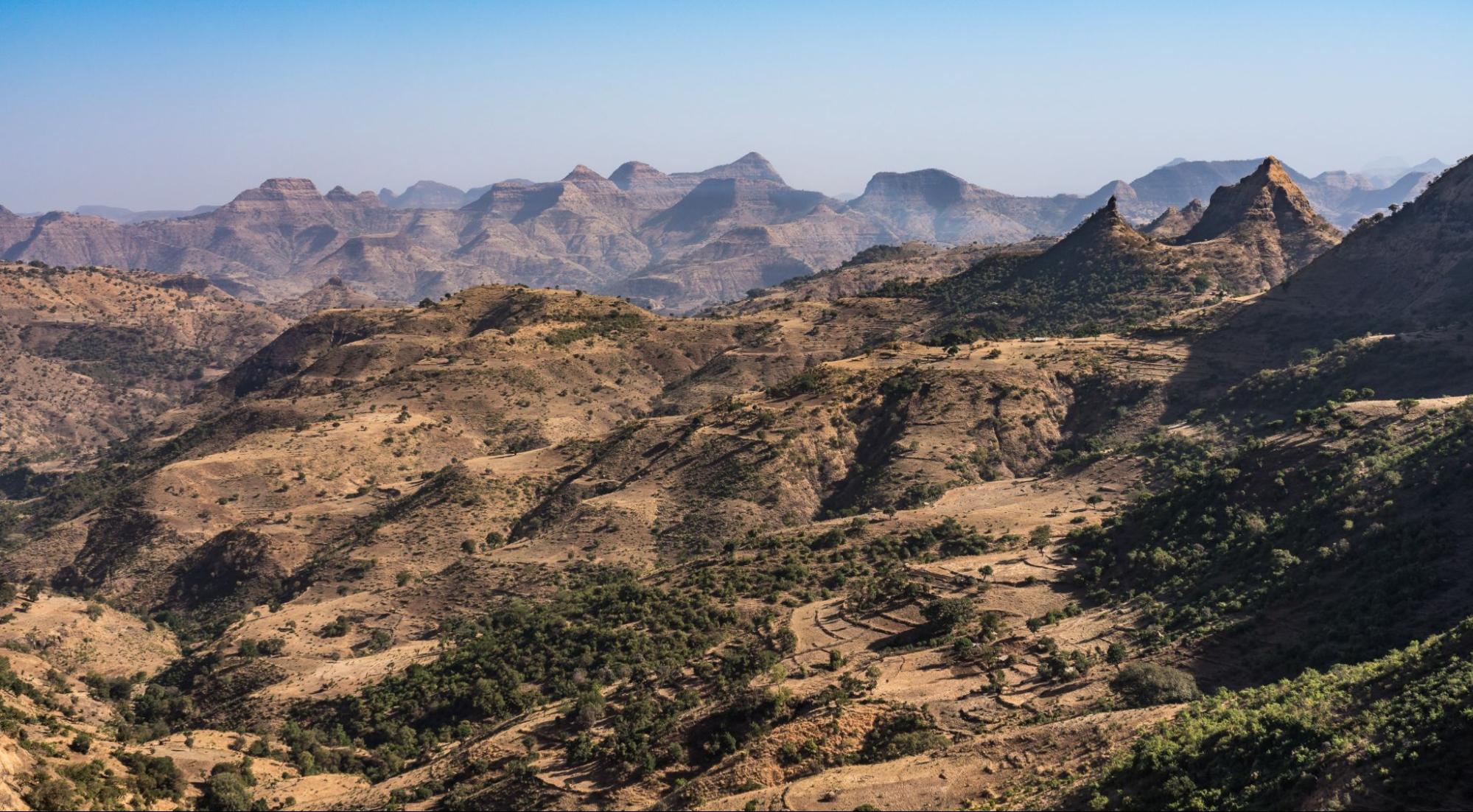 Landscape view of the Simien Mountains National Park in Northern Ethiopia on the way to Axum, Africa