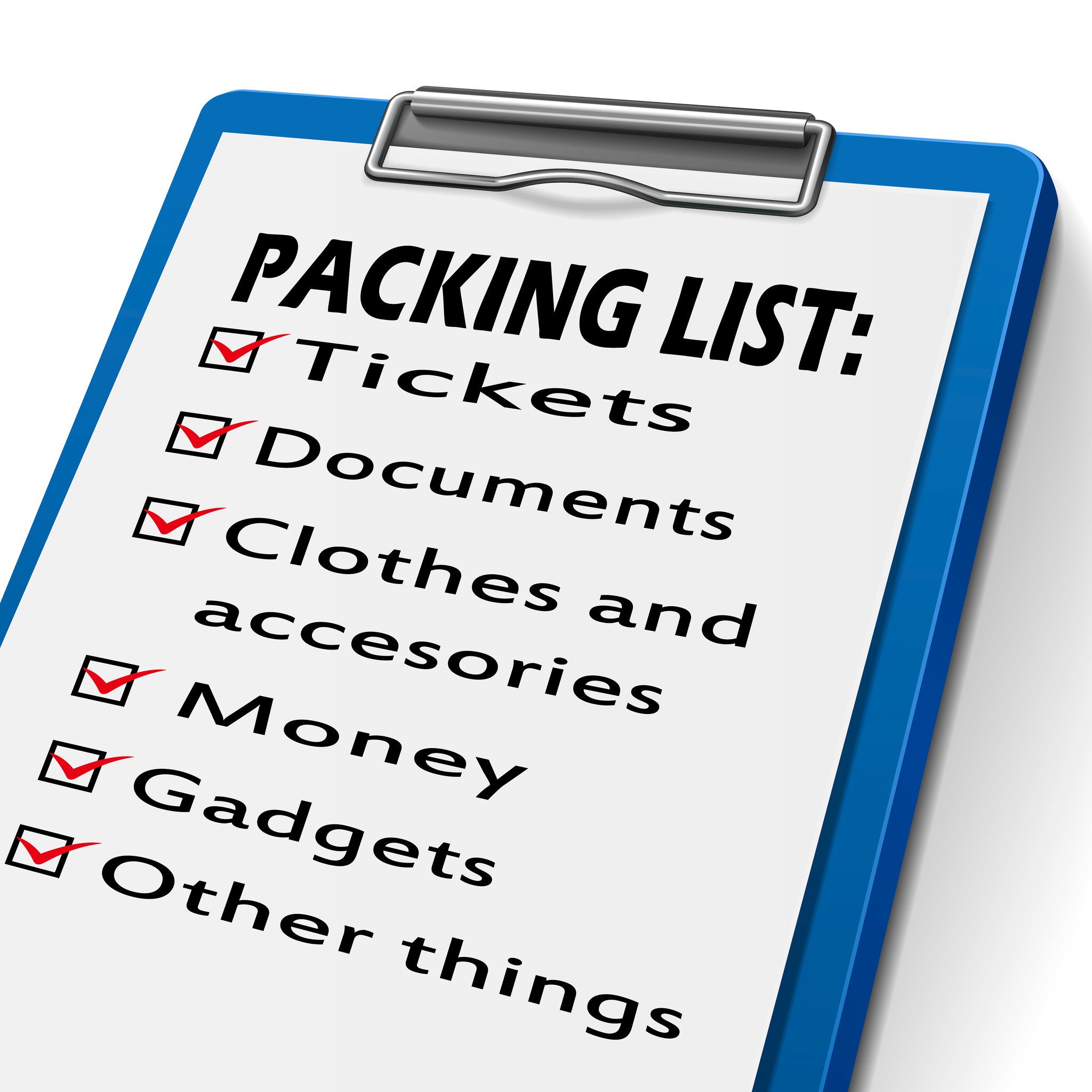 Packing List Clipboard With Check Boxes Marked For Baggages