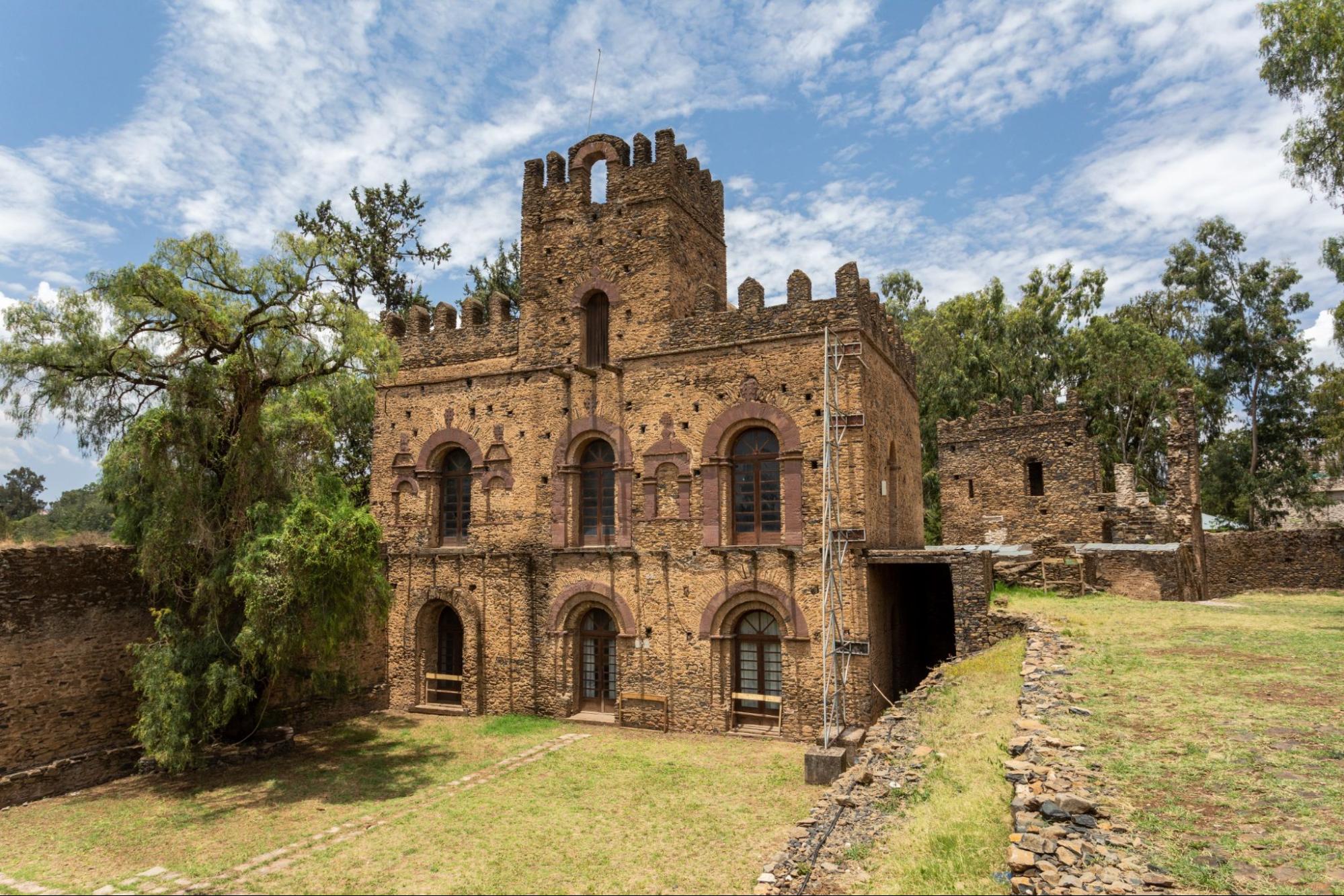 ruins of Fasil Ghebbi, Royal fortress-city castle in Gondar, Ethiopia. Imperial palace is called Camelot of Africa