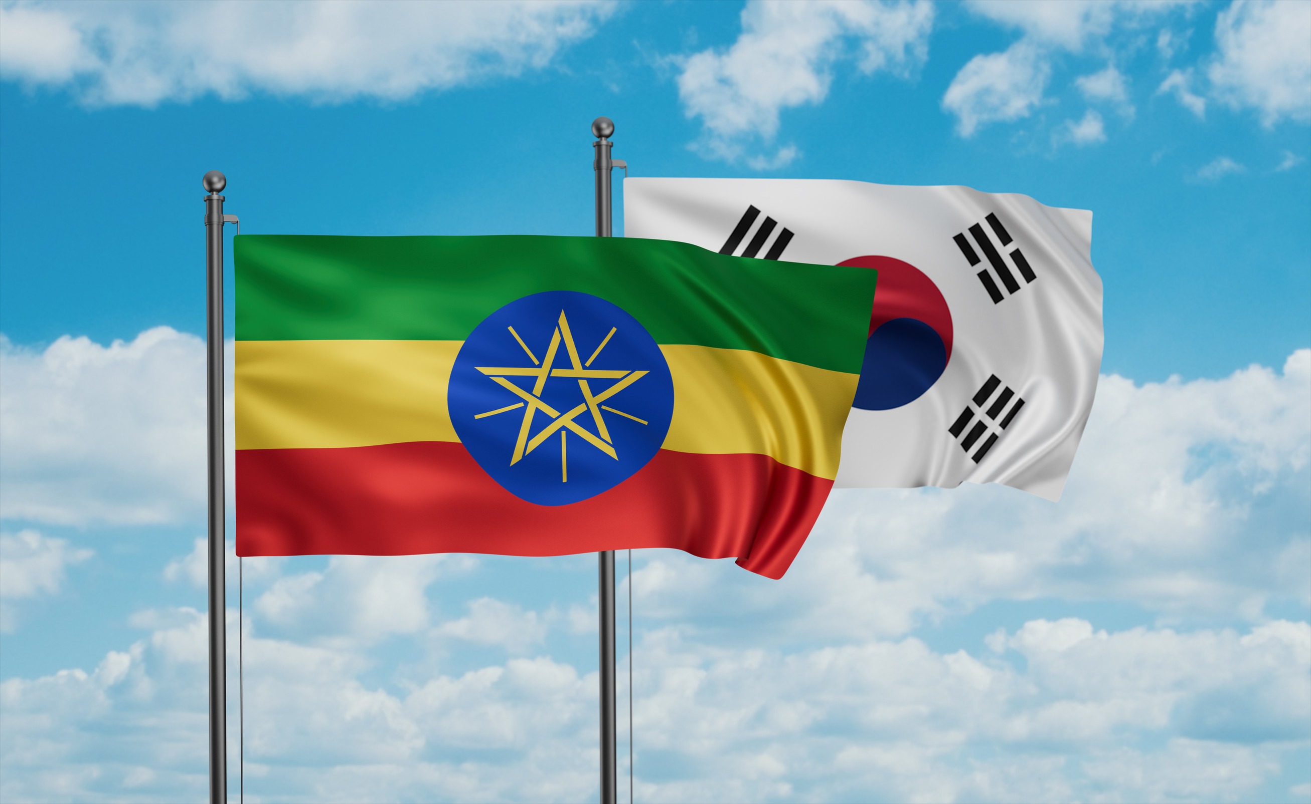 South Korea Or Republic Of Korea Or Rok And Ethiopia Flag Waving Together In The Wind