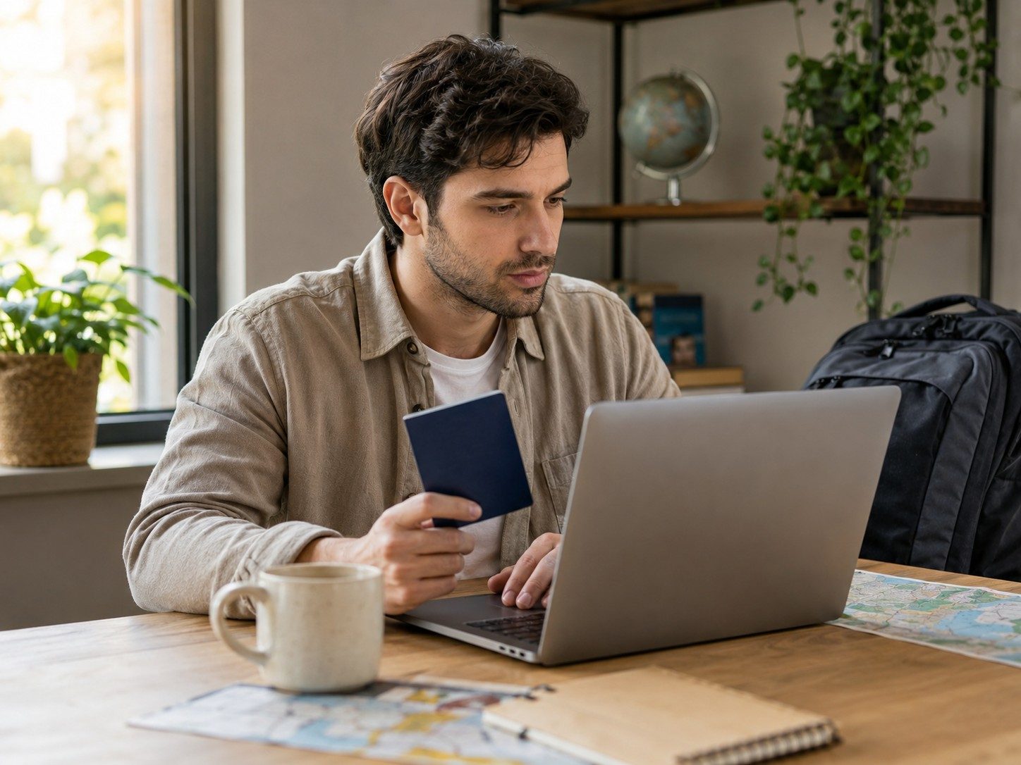 Voyageur préparant des documents devant un ordinateur portable